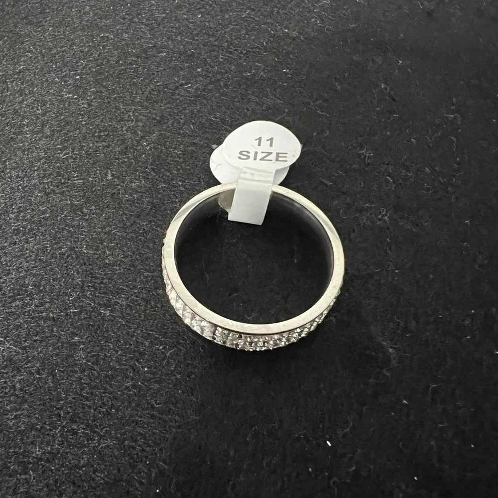 Men's Three Row Crystal Silver Plated Stainless Steel Ring Size 11 New